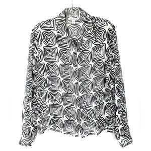 St John Women Size 10 Black White Swirls Silk Top Long Sleeve Gold Logo Buttons
